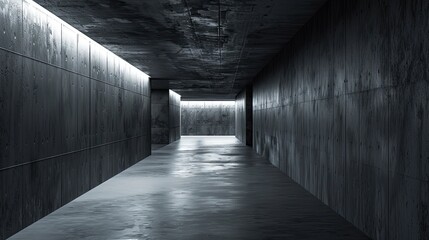 an underground concrete corridor, emphasizing intricate details and a foreboding ambiance that hints at the unknown.