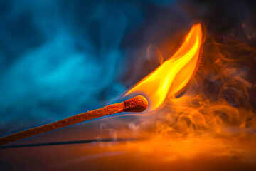 Igniting Passion, A Single Matchsticks Fiery Dance Among Flames and Smoke on a Dark Background