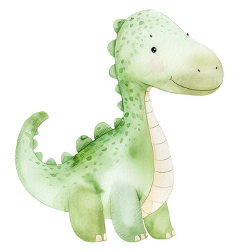 Green baby dinosaur watercolor drawing isolated on white background.