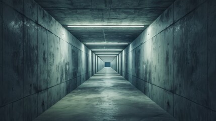 an underground concrete corridor, emphasizing intricate details and a foreboding ambiance that hints at the unknown.