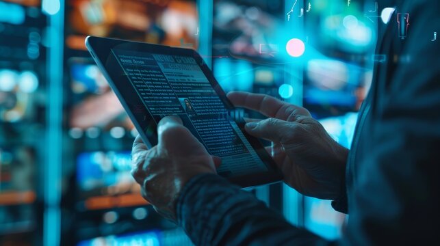 Digital Journalism Handson Research for Breaking News on Virtual Tablet with Hovering Sources and Clippings Modern Technology Concept - Powered by Adobe