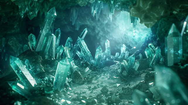 Crystal bank vault in a mystical cave, surrealistic fantasy, clean 3D, close-up shot,