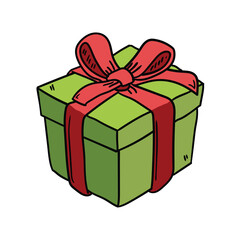 Hand drawn cartoon green gift box on white background.