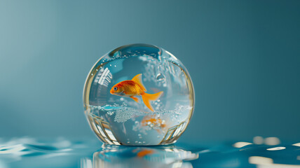 Close-up of a 3D-rendered, crystal-clear water droplet containing a tiny, sustainable fish farm, against a clean, blue background