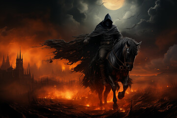 The horseman of the apocalypse in a black hooded cloak riding a horse against the background of a burning town - obrazy, fototapety, plakaty