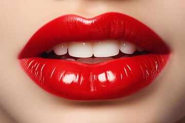 Obraz premium Young woman's lips with glossy red color lipstick. Beauty and fashion concept