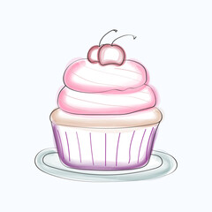 A delicious cupcake with pink frosting and a cherry on top is displayed on a white background. The cupcake is decorated with swirls of pink icing and a bright red cherry