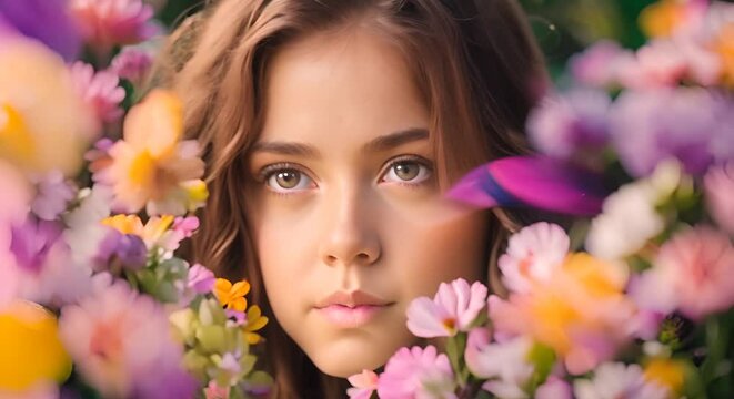Young woman face surrounded with many colorful flower blooms