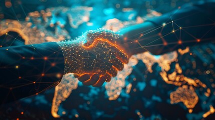 Global Networking Illuminated Handshake on World Map Digital Communication and Connection Concept
