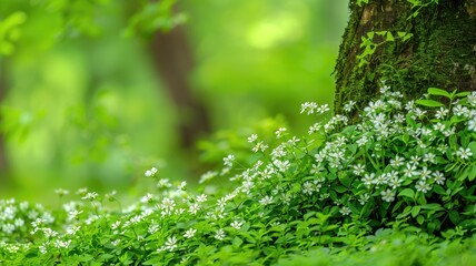 Vibrant white wildflowers bloom at the base of a mossy tree in a lush green forest
