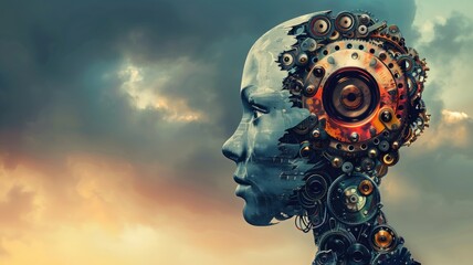 Digital art concept of a human head with mechanical gears