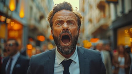 Photo of a handsome man in a suit screaming on the street - obrazy, fototapety, plakaty