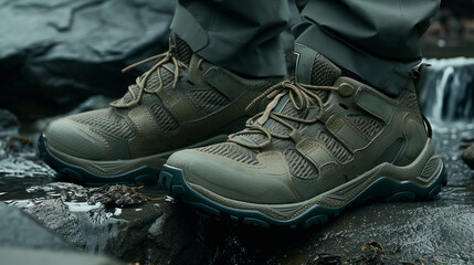 Waterproof hiking boots on rocky terrain, concept of adventure and outdoor gear.