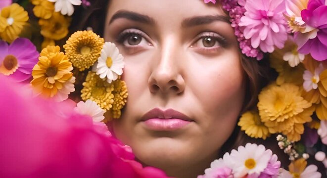 Young woman face surrounded with many colorful flower blooms