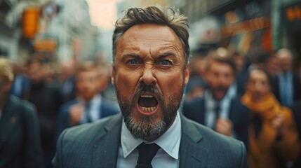 Photo of a handsome man in a suit screaming on the street - obrazy, fototapety, plakaty