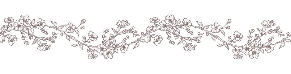 Floral border with blooming branches, leaves and flowers. Spring seamless horizontal background with beautiful hand drawn garland in line art style. Vector vintage illustration