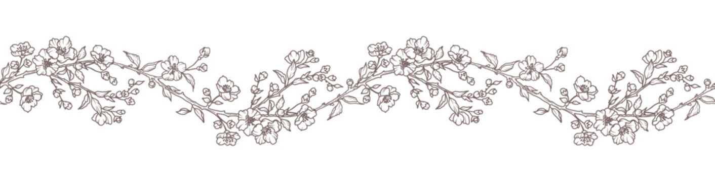 Floral border with blooming branches, leaves and flowers. Spring seamless horizontal background with beautiful hand drawn garland in line art style. Vector vintage illustration