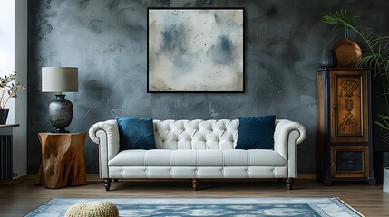 Luxurious White Tufted Sofa and Antique Wooden Cabinet Against a Textured Charcoal Stucco Wall