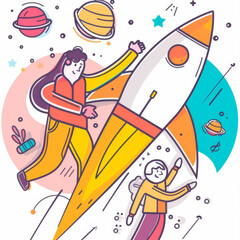 Colorful Line Illustration of Astronauts Launching Rocket Towards Stars Gen AI