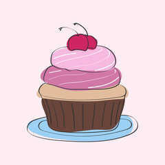 A cupcake with a cherry on top is displayed. The cupcake is decorated with frosting and has a vibrant red cherry resting on its centre