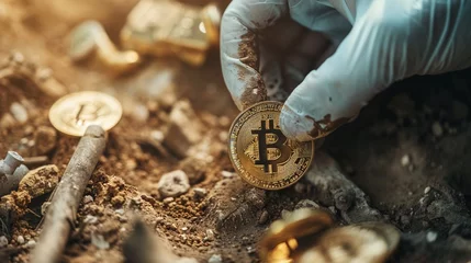 Foto op Canvas A digital archaeologist uncovering ancient coins of a forgotten cryptocurrency © WARIT_S
