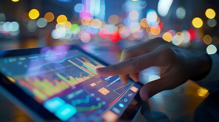 Cityscape Stock Market Investor Engaged with Transparent Tablet Display of Financial News and Stock Tickers