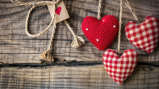 Handmade fabric hearts hang from a rustic wooden backdrop, expressing handmade charm