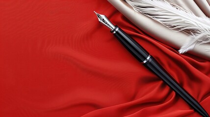 A classic fountain pen lies on luxurious red fabric, symbolizing elegant writing