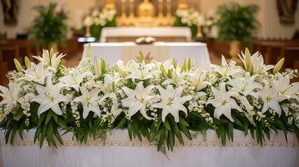 Fototapeta na wymiar Elegant White Lilies Adorning an Altar in a Bright Chapel