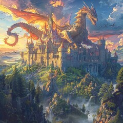 Grand Dragon-guarded Castle - A mythical fortress guarded by dragons where talking treats and goblin-made goodies await those brave enough to enter. - obrazy, fototapety, plakaty