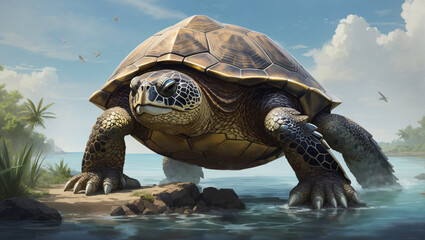 Illustration of a Giant Turtle, Symbolizing Wisdom, Longevity, and Strength in Mythical Lore