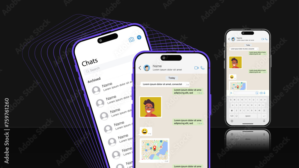 Poster smartphone with a social messenger app featuring a ui and ux concept. vector chatting screen in mobi