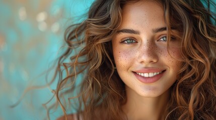 Beautiful smiling woman with curly hair, long hair flowing in the wind - obrazy, fototapety, plakaty