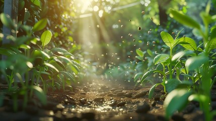 wide cinematic shot of a seed plant in a large garden