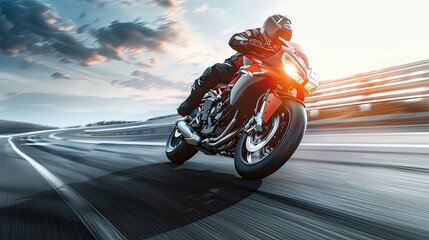 a motorcyclist speeding on a highway, leaning into a sharp corner with sporty precision, in a realistic photograph.
