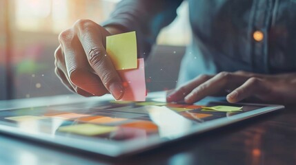 Strategic Planning Handson SWOT Analysis with Virtual Sticky Notes on Tablet