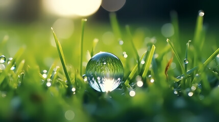 Grass with dewdrops, environmental concept of green environment
