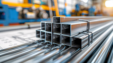 Industrial Might in Metal: Steel Tubes and Profiles Stacked in a Warehouse, Highlighting Construction Materials