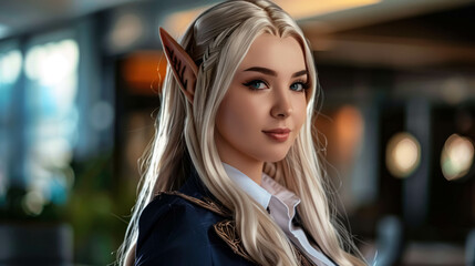 Portrait of a Smiling Female Elf Businesswoman with Suit in a Modern Office. Fantasy Elf, Entrepreneur And Business