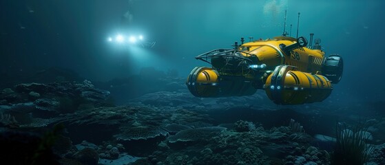 Fototapeta na wymiar Submersible Voyage in Deep Sea, advanced submersible vehicle equipped with powerful lights embarks on an exploratory mission, illuminating the uncharted depths and complex terrain of the ocean floor