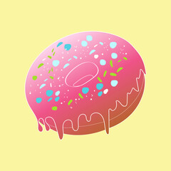 A hand-painted pink donut covered in colorful sprinkles is placed on a bright yellow background. The donut appears delicious and is the focal point of the image