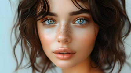 Naklejka premium Beauty brunette woman with neat hair and healthy skin looks at the camera natural makeup of a young beautiful model on a studio background with copy space. cosmetic concept