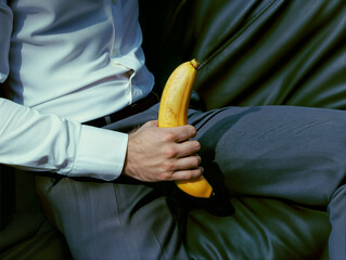 A  man in a suit holding a banana between his legs, symbolizing his penis in an erect state. - 759763049