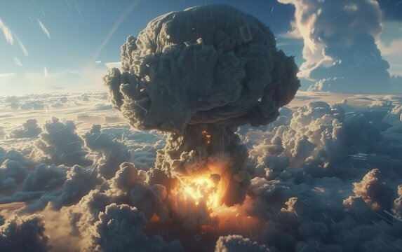 Apocalyptic Vision, A dramatic of a massive explosion, likely a nuclear detonation, towering over a vast cloud landscape under a stormy sky, invoking themes of apocalypse, power, and transformation