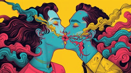 Obraz premium A surreal illustration with weird lovers kissing