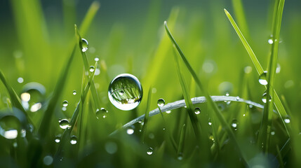 Grass with dewdrops, environmental concept of green environment