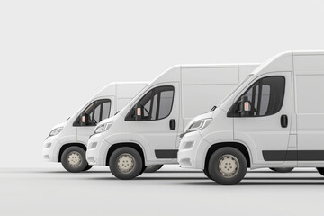 Three modern white delivery vans side by side, showcasing logistics and transportation