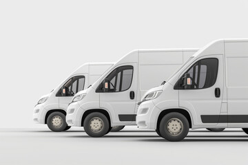 Naklejka premium Three modern white delivery vans side by side, showcasing logistics and transportation