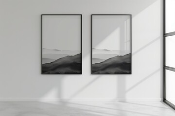 Elegant minimalist room with framed black and white landscape photos