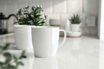 Two white coffee mugs on a kitchen counter with a clean, minimalist design